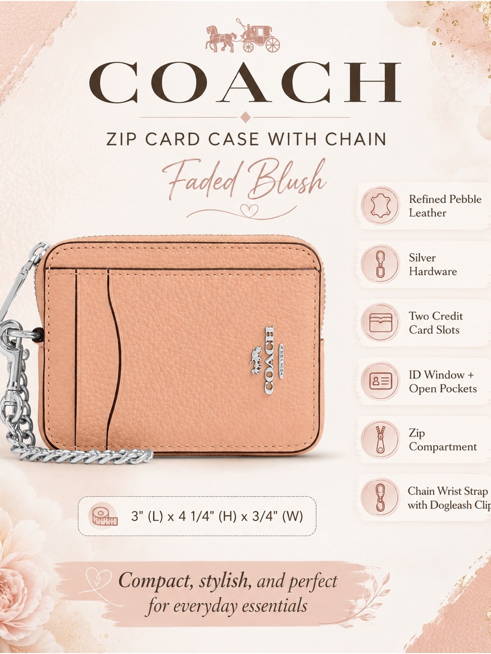 Coach Zip Card Case Chain Faded Blush Silver 6303